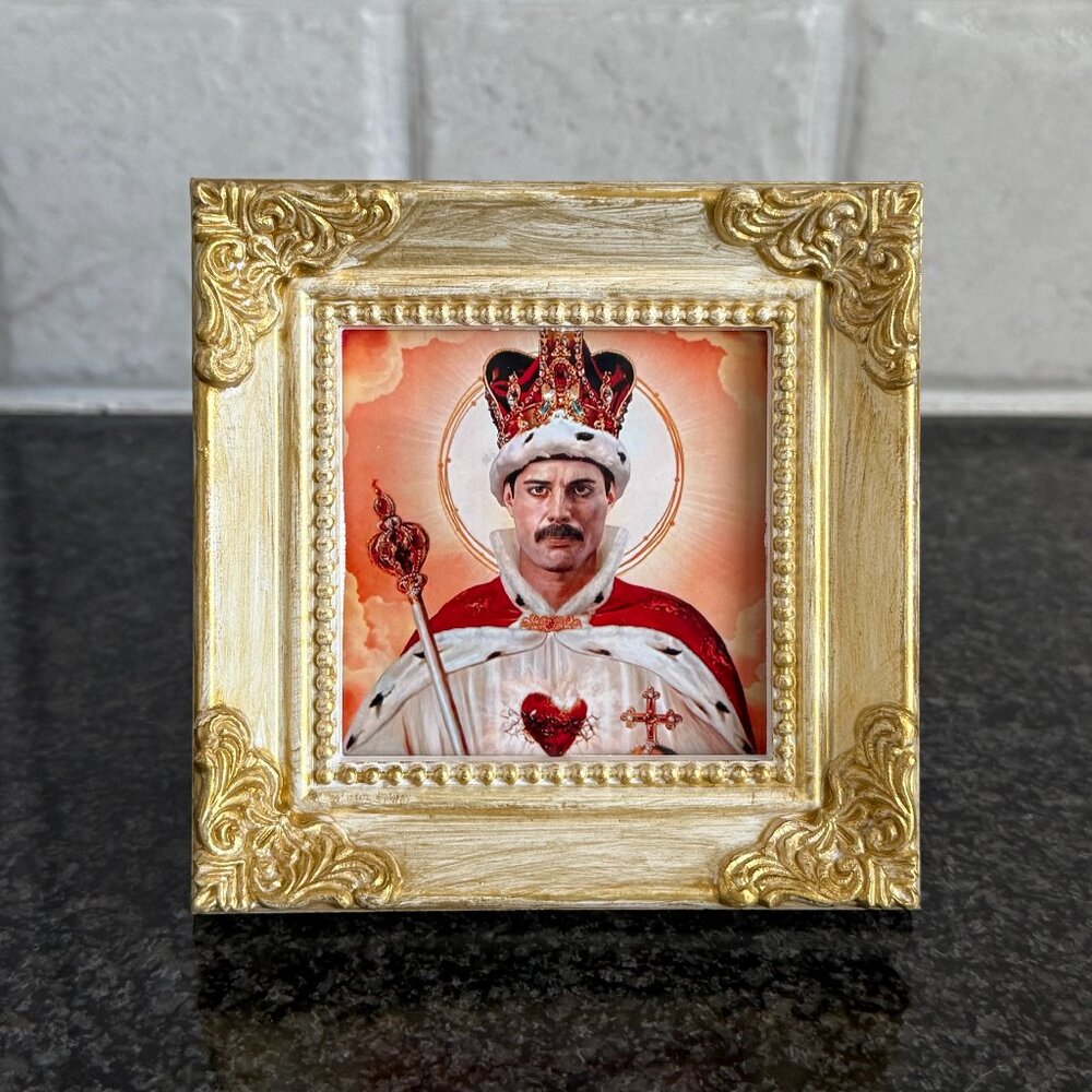 St. Freddie Saint Freddie Mercury Hand Painted Gold Antique Style Framed Picture